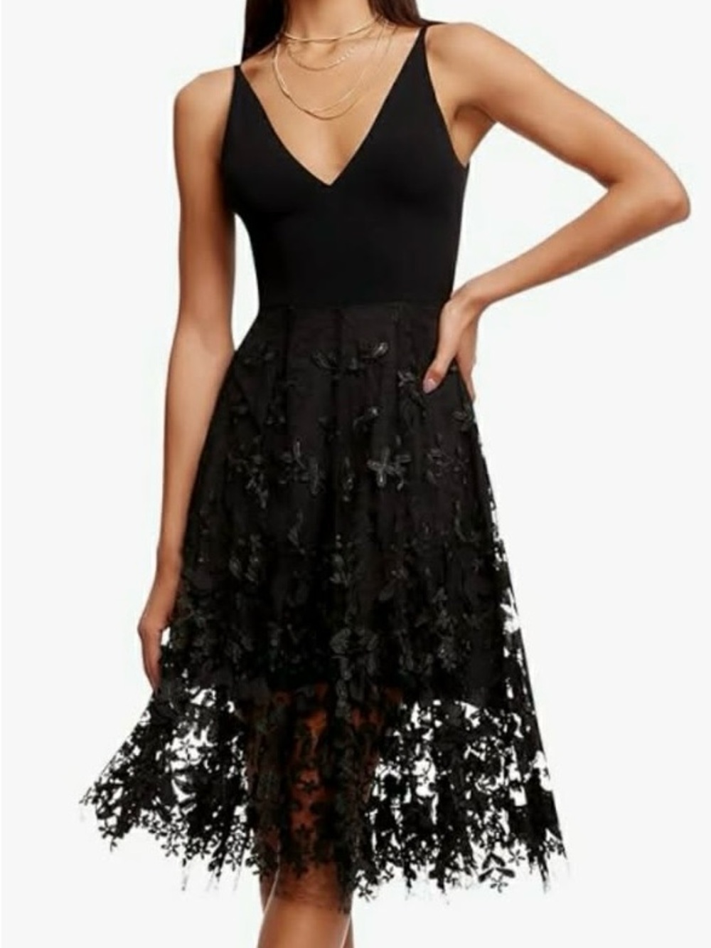 Dress the Population Black Darleen Deep V Floral Applique Dress Size M NWT